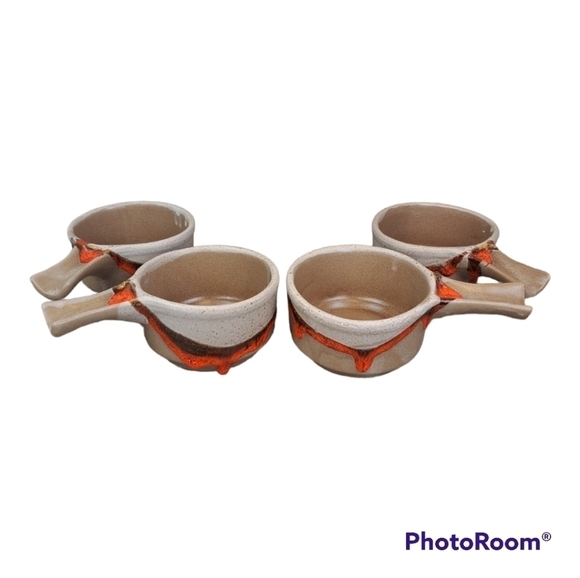 VINTAGE Laurentian pottery set of 4 soup bowl orange lava drip glaze # 643 - Picture 3 of 16